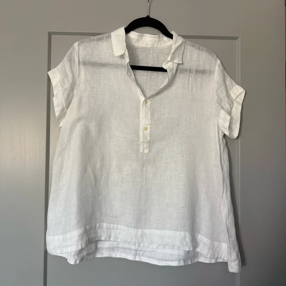 CP Shades Peek Top Blouse 100% Linen White Relaxed Button Collar Summer S - Picture 2 of 10